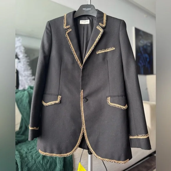 Saint Laurent Women’s Black Blazer with Gold Braiding - Size 40, Wool